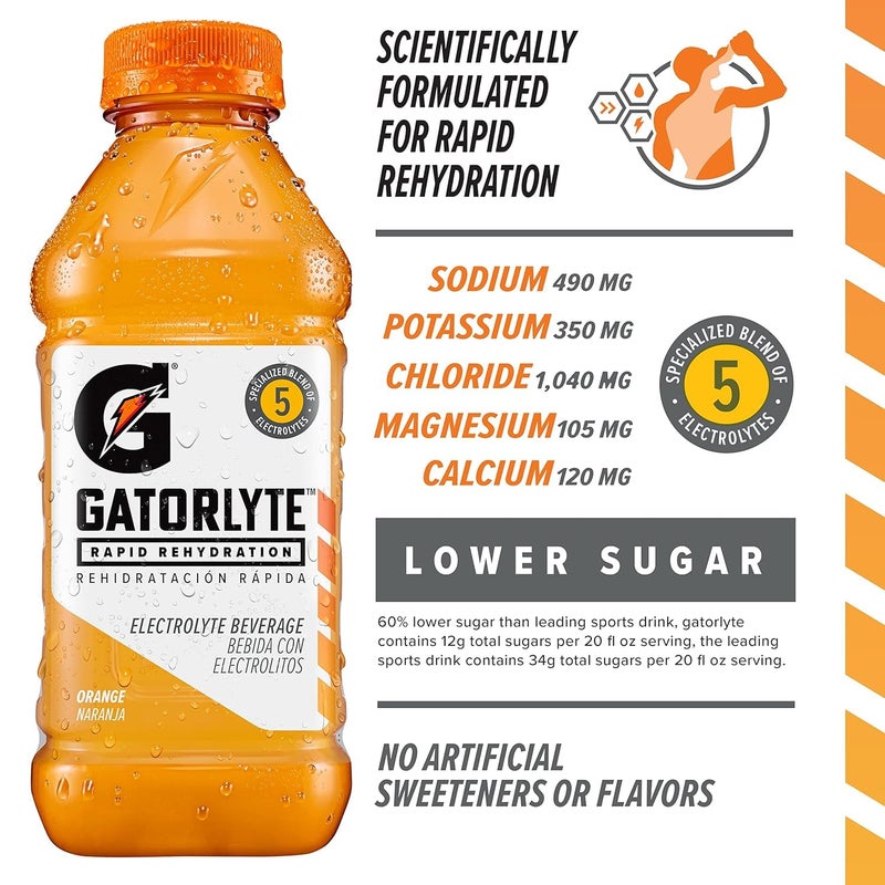 Gatorlyte Rapid Rehydration Electrolyte Drink, 3 Flavor Variety Pack, Specialized Blend of 5 Electrolytes, Lower Sugar, No Artificial Sweeteners, No Artificial Flavors, 20 fl oz Bottles (12 Pack) - Image 3